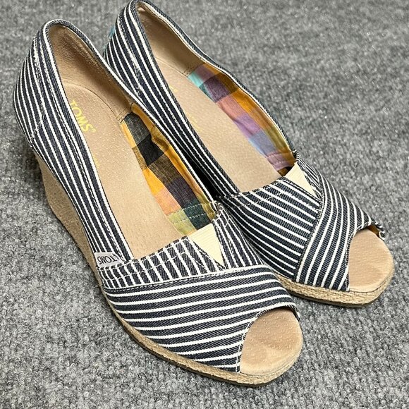 TOMS Peep Toe Navy Nautical Striped‎ Wedges with Box Size 6 - Picture 13 of 16